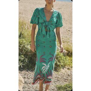 Beach Riot Anthropologie Maxi Dress L Green Tropical Cutout Tie Front Boho Vaca